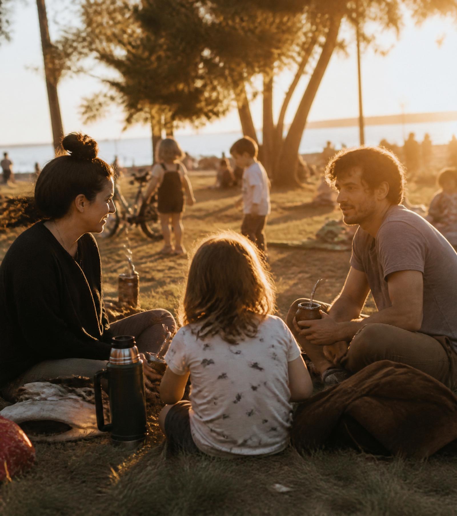 Families gathered in a Uruguayan park at sunset, sharing mate on the grass
